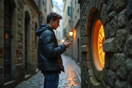 Jeune homme regardant son smartphone près d'un portail magique dans une ville ancienne