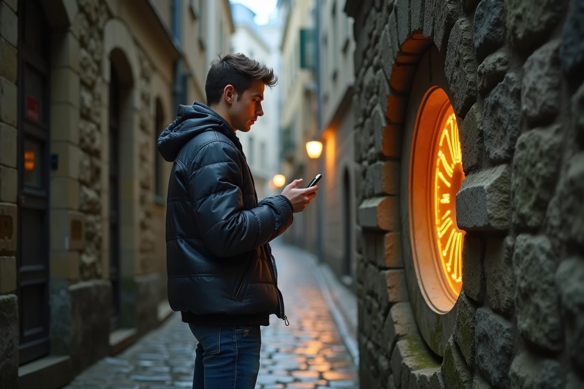 Jeune homme regardant son smartphone près d'un portail magique dans une ville ancienne
