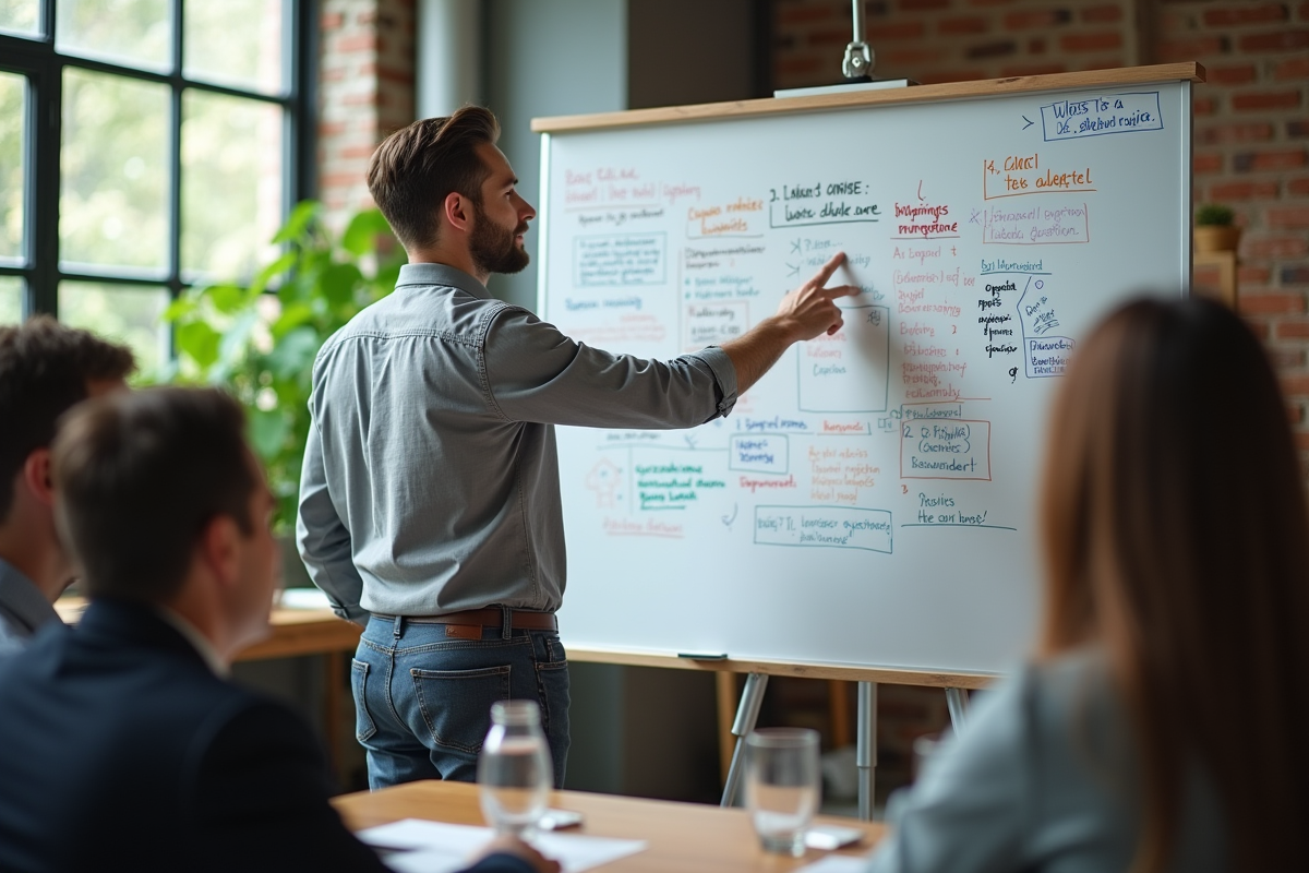 Jeune homme pointant un tableau de diagrammes lors d