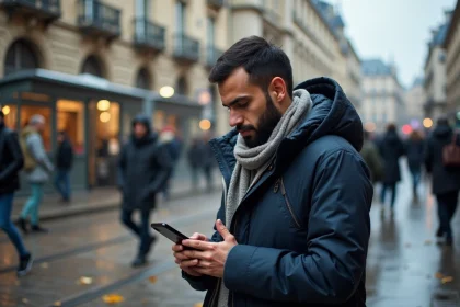 Jeune homme nord-africain vérifiant l'heure de prière dans la ville de Reims