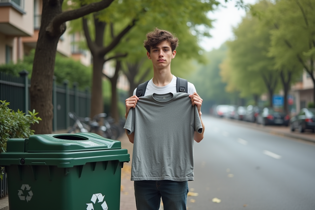 Jeune homme devant une poubelle de recyclage en ville