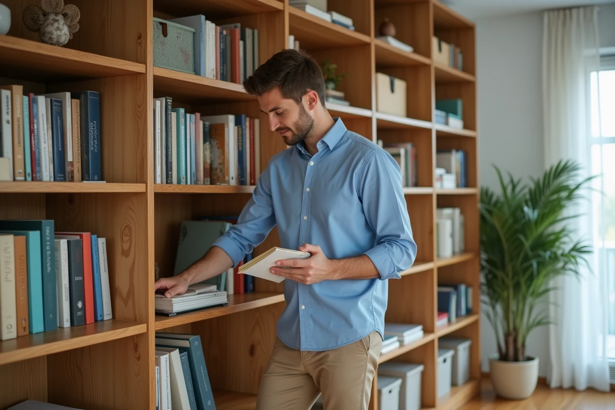 Jeune homme organisant des livres sur une étagère