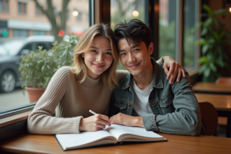 Deux jeunes adultes discutent dans un café cosy