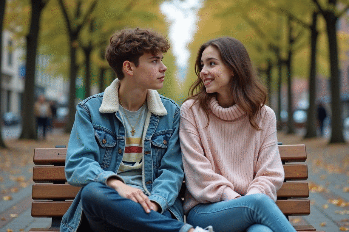 Deux adolescents assis sur un banc dans un parc urbain