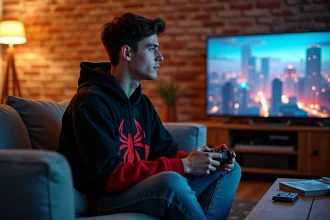 Jeune homme jouant à Spider-Man Miles Morales sur console dans un appartement urbain décoré de comics