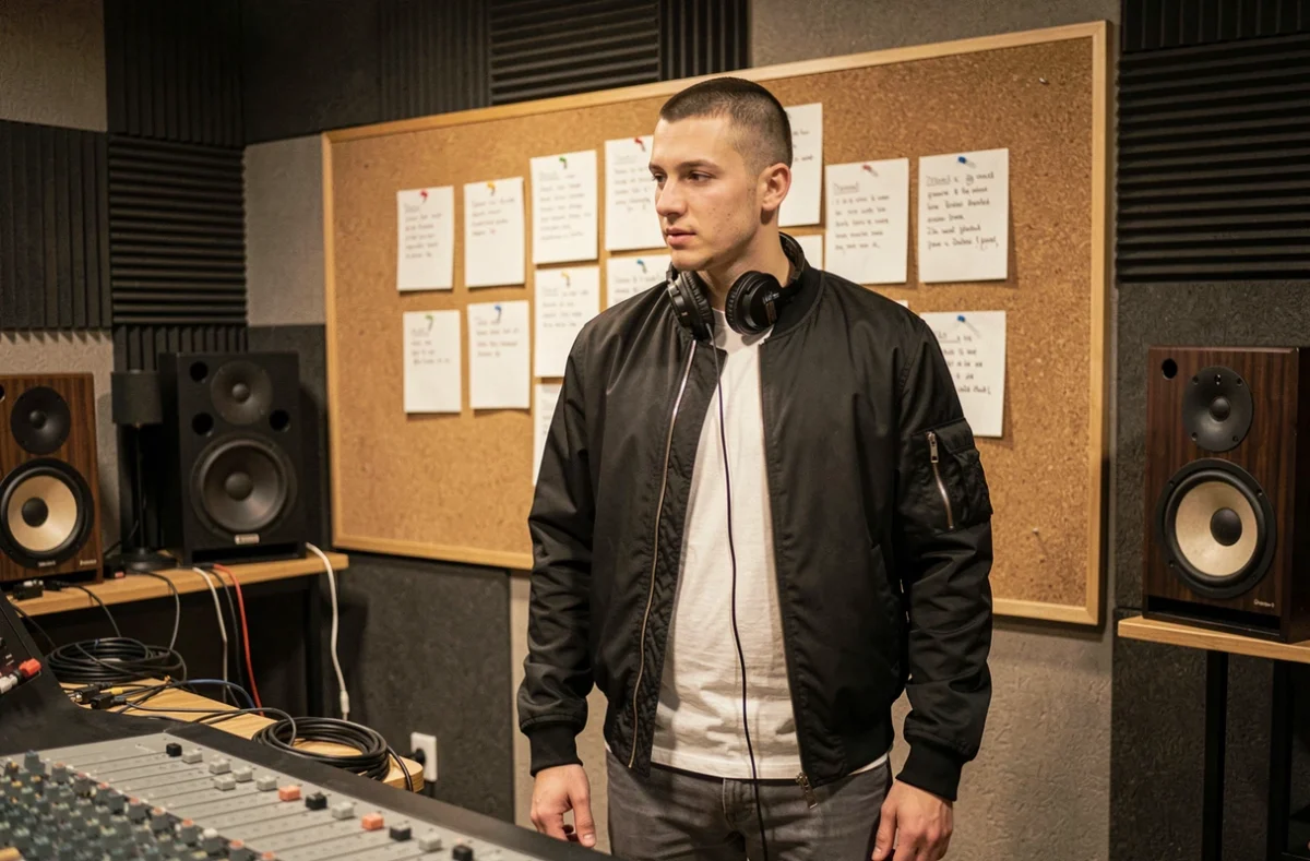 Rappeur Jules en studio d'enregistrement, casque audio autour du cou, étudiant ses textes sur un tableau de liège