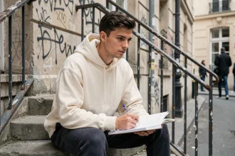 Jeune rappeur français assis sur des escaliers en béton dans une cour urbaine parisienne, carnet de textes ouvert sur les genoux