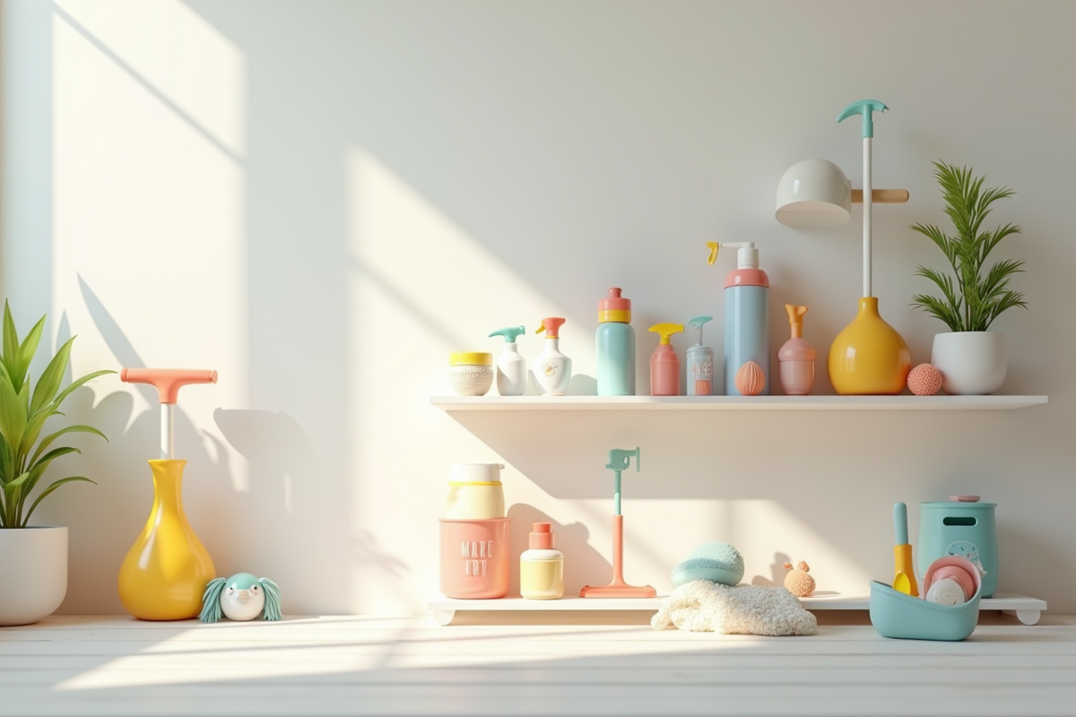 Kits de ménage pour enfants rangés sur une étagère lumineuse