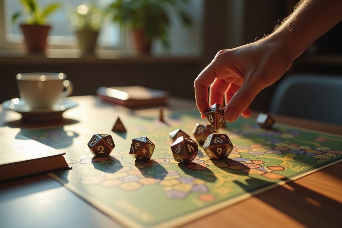 Main lançant des dés polyédriques sur un plateau de jeu