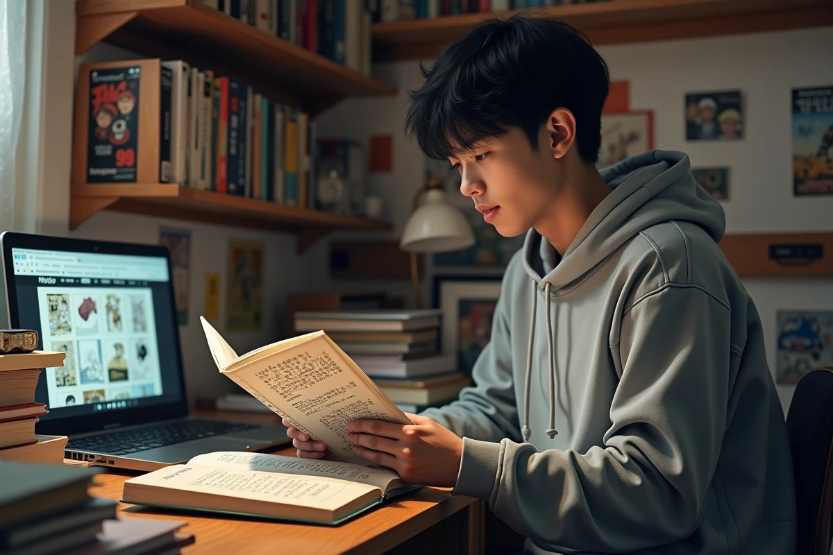 Jeune homme lisant un manga en version scanlation sur ordinateur entouré de volumes empilés dans une chambre d'otaku