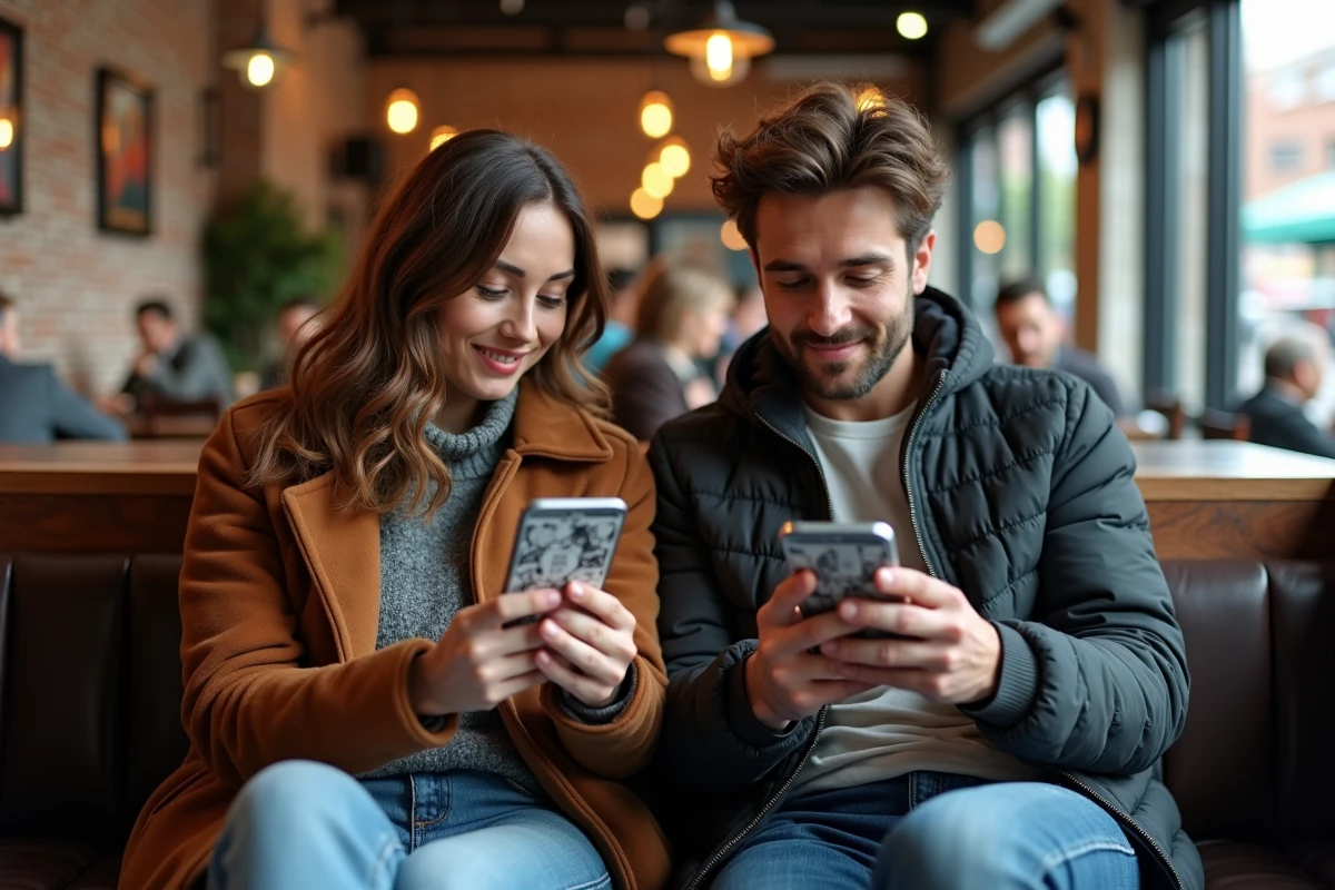 Deux lecteurs adultes comparant des chapitres de manga scanlation sur leurs smartphones dans un café urbain animé