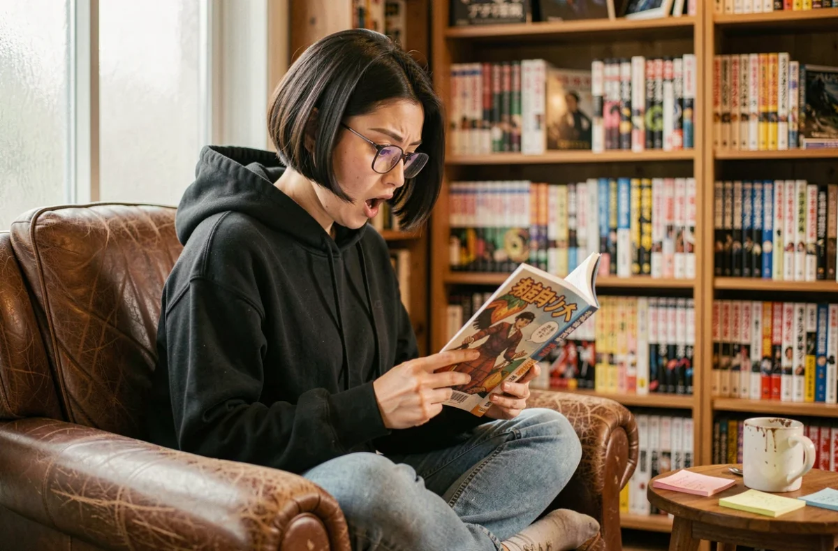 Jeune femme passionnée lisant le manga Princesse de la Flamme Noire dans un fauteuil lecture entouré de livres manga et fantasy