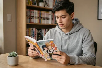 Jeune homme lisant un manga physique dans un bureau à domicile entouré de livres