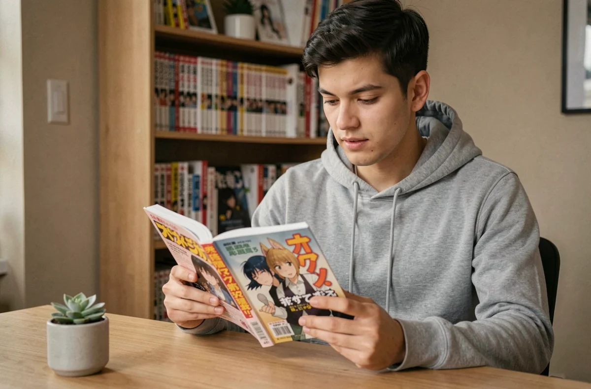 Jeune homme lisant un manga physique dans un bureau à domicile entouré de livres