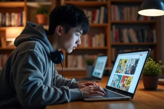 Jeune homme lisant un scan de manga One Piece sur son ordinateur portable dans un bureau cosy entouré de volumes manga
