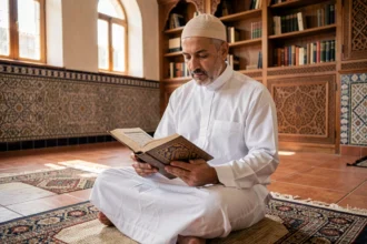 Homme en tenue traditionnelle lisant la sourate Al Kahf dans un Coran ouvert, assis sur un tapis de prière dans une mosquée sereine