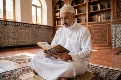 Homme en tenue traditionnelle lisant la sourate Al Kahf dans un Coran ouvert, assis sur un tapis de prière dans une mosquée sereine
