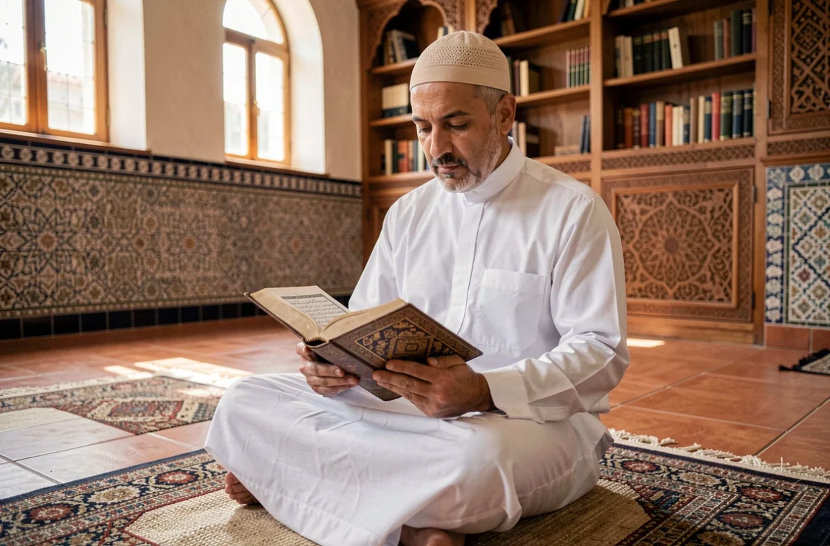 Homme en tenue traditionnelle lisant la sourate Al Kahf dans un Coran ouvert, assis sur un tapis de prière dans une mosquée sereine