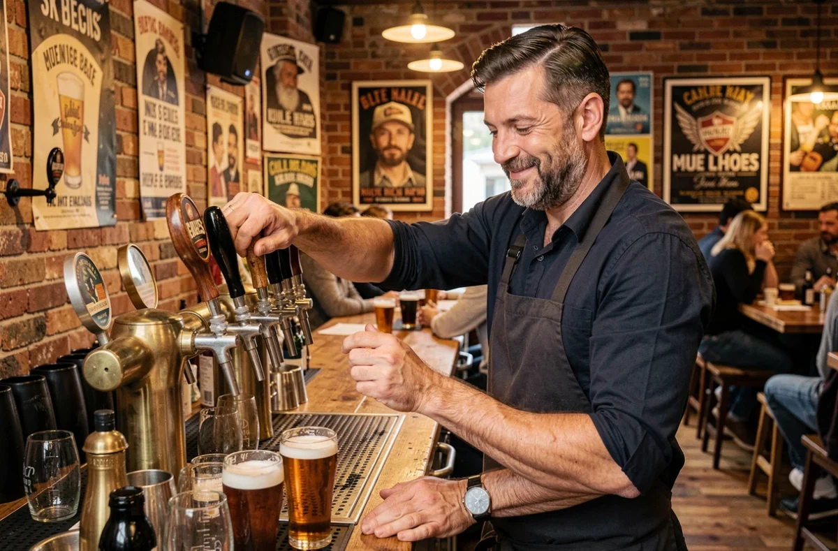 Barman tirant une bière pression derrière le comptoir chaleureux et convivial des Berthom à Marseille