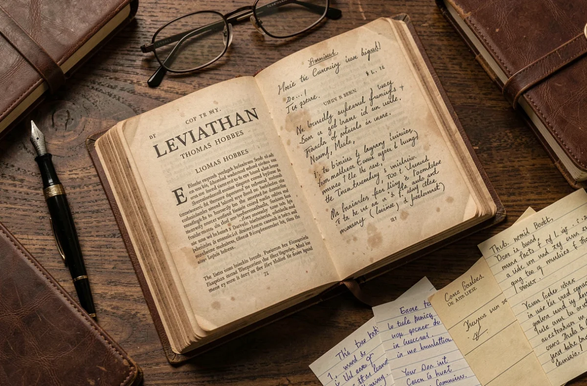 Exemplaire ouvert du Léviathan de Hobbes avec des fiches de citations académiques sur un bureau en bois