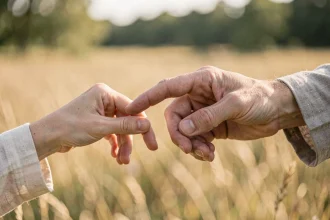 Deux mains qui se frôlent sans se toucher dans une prairie dorée, symbolisant la connexion des flammes jumelles et le retour de l'être aimé