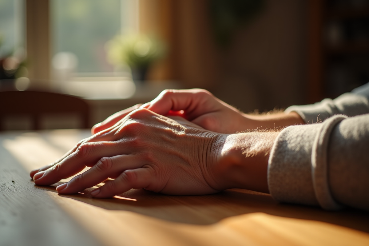 Mains âgées reposant sur une table en bois dans la matinée