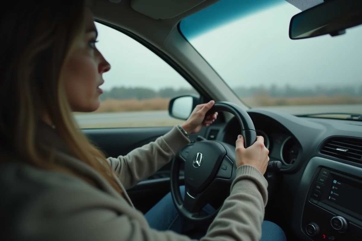 Mains crispées sur un volant de voiture à l'arrêt, symbolisant l'angoisse liée aux rêves récurrents d'accident de voiture