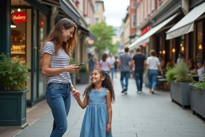 Maman souriante avec sa fille dans une rue animée