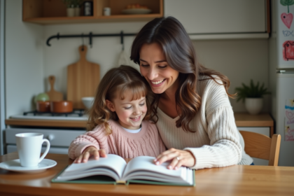 Femme et fille lisant un livre dans une cuisine chaleureuse