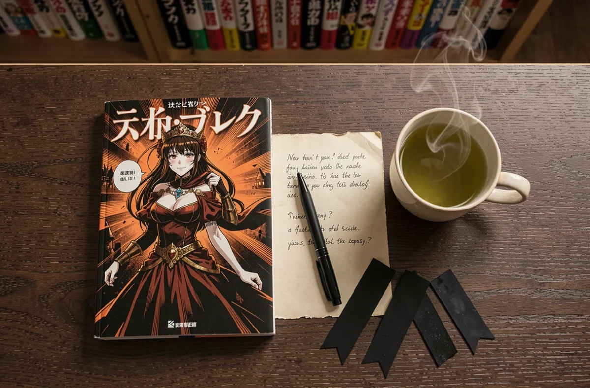 Plat posé avec manga Lv. 99 Princesse de la Flamme Noire, notes de critique écrites à la main et tasse de thé sur bureau en bois sombre