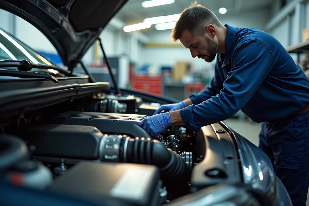 Mécanicien inspectant un moteur de voiture dans un garage lumineux