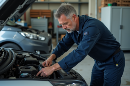 Mécanicien homme inspectant le niveau d'huile d'une voiture moderne