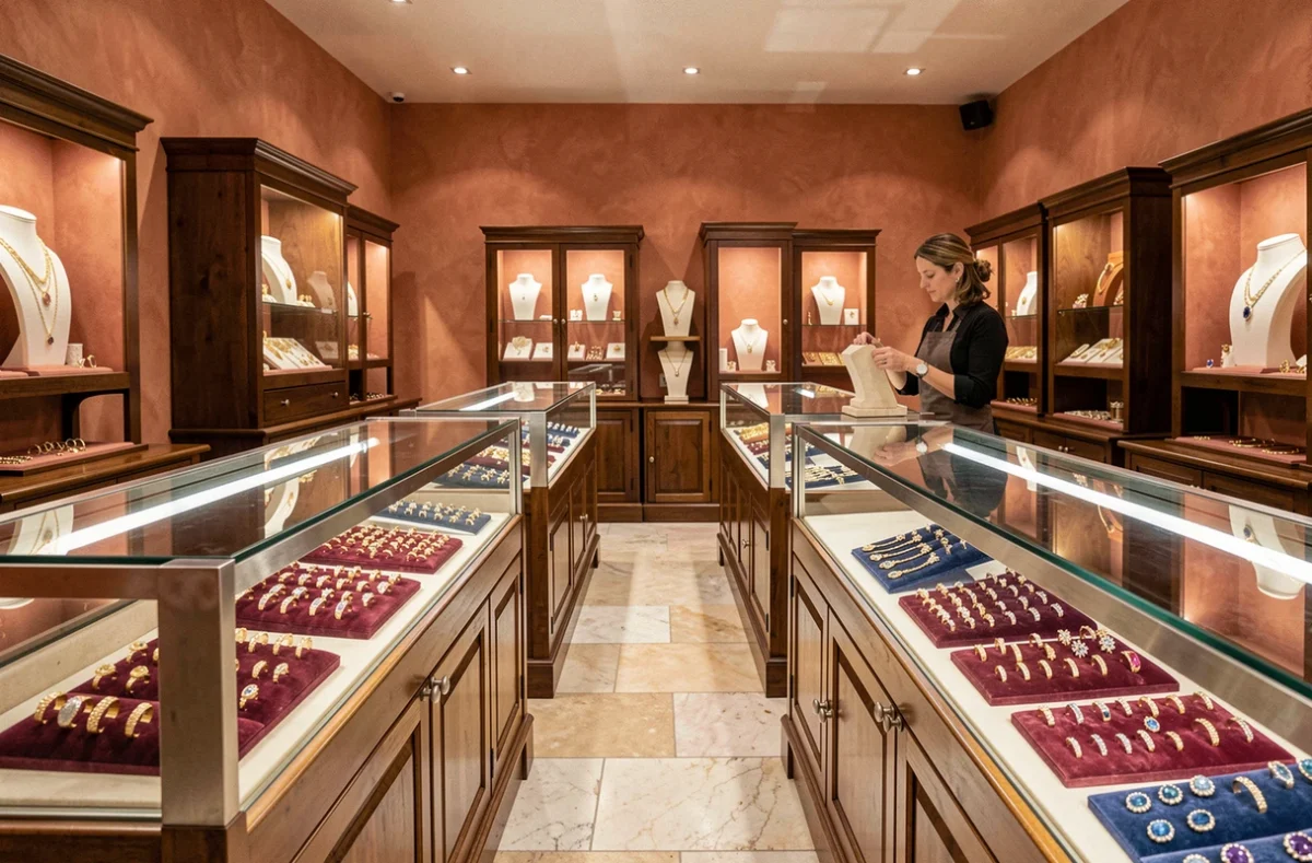 Intérieur d'une bijouterie élégante en Occitanie avec des vitrines de bagues, colliers et pierres précieuses sur fond de murs en pierre et comptoirs en marbre