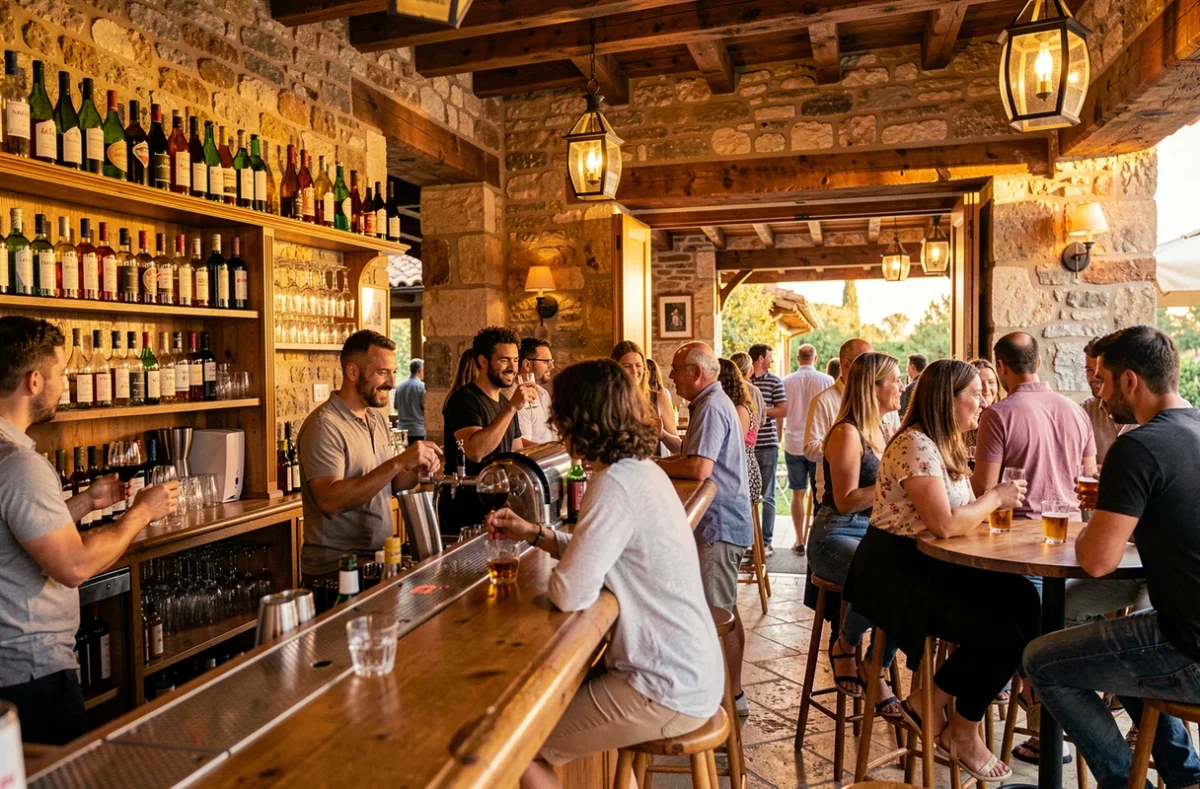 Vue panoramique d'un bar animé dans les Bouches-du-Rhône avec une ambiance méditerranéenne chaleureuse