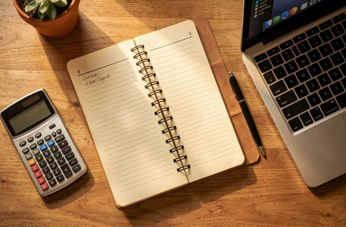 Micro-entrepreneur suivant ses encaissements sur un carnet et un ordinateur