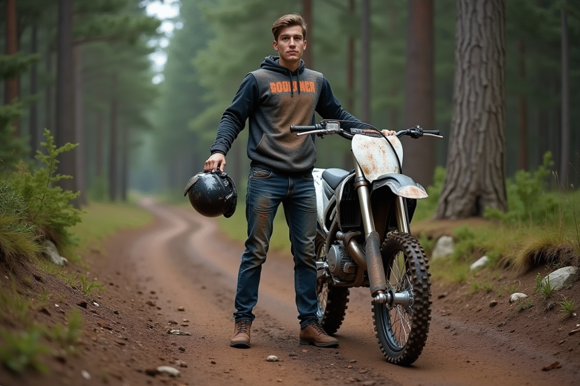 Jeune homme motocross avec casque à la main près d'une moto en forêt