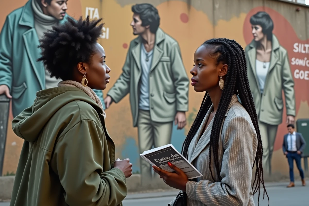 Deux musiciennes italiennes discutant devant une fresque murale urbaine à Milan, reflétant l'engagement artistique et social de la scène musicale italienne contemporaine