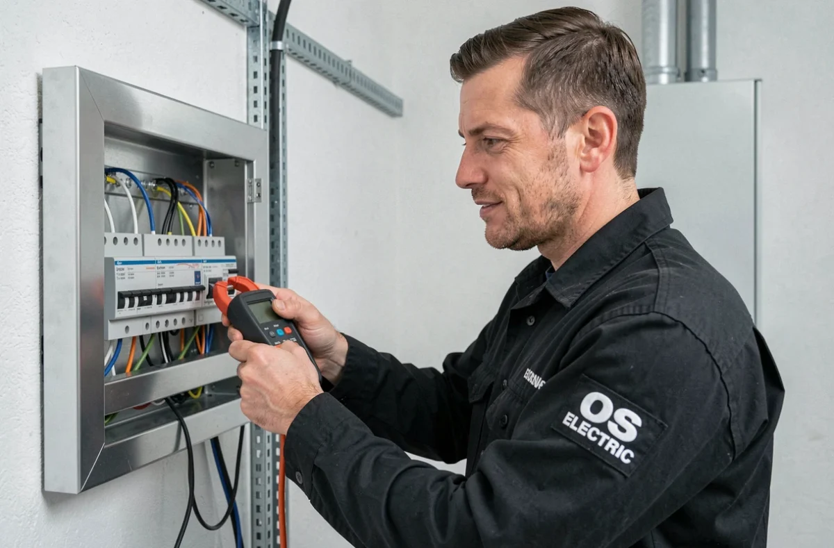 Un électricien d'OS Electric testant un tableau de distribution dans un immeuble résidentiel neuf à Colmar