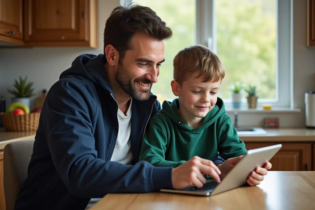 Père et fils utilisant une tablette dans la cuisine