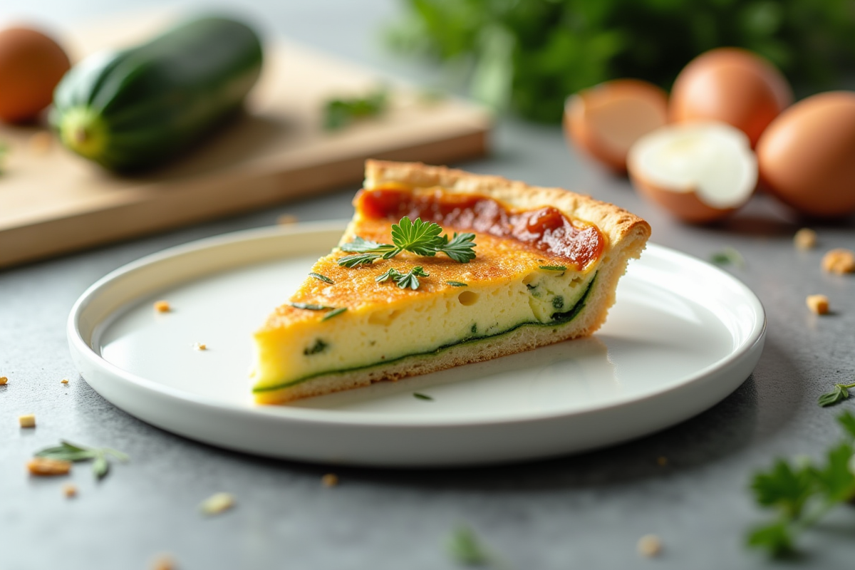 Partie de tarte courgette sur assiette avec ingrédients