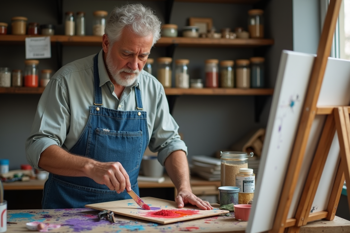 Artiste en train de mélanger des pigments dans son atelier