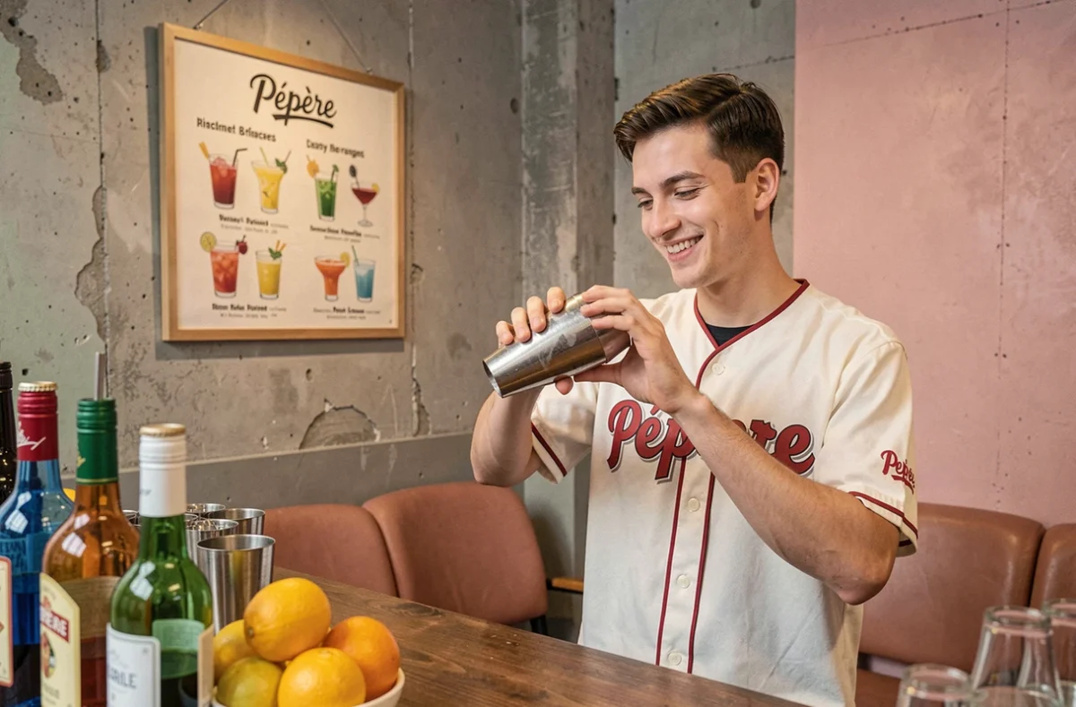 Barman souriant qui prépare un cocktail créatif dans l'atmosphère rétro et décontractée du bar Pépère à Marseille