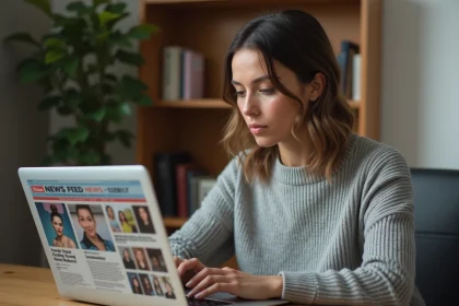 Femme personnalisant son fil d'actualité peoples sur Yahoo depuis son bureau à domicile