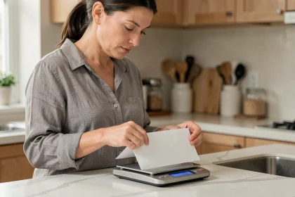 Femme pesant une enveloppe sur une balance de cuisine numérique pour vérifier le poids d'un timbre