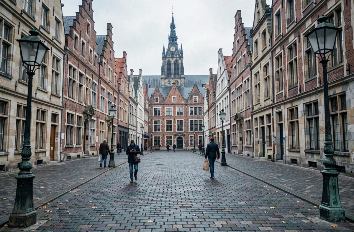 Place historique d'une ville belge avec pavés, façades à pignons à gradins et tour d'église gothique en arrière-plan