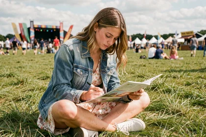 Jeune femme consultant le programme du festival des Vieilles Charrues assise dans l'herbe pour planifier ses concerts