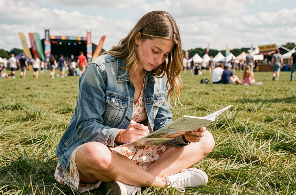 Jeune femme consultant le programme du festival des Vieilles Charrues assise dans l'herbe pour planifier ses concerts