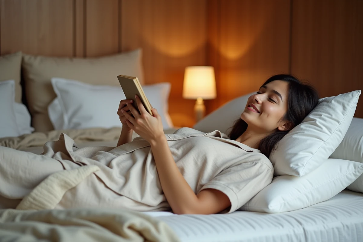 Femme allongée confortablement avec des coussins de soutien sur un lit, illustrant le repos et la récupération post-opératoire