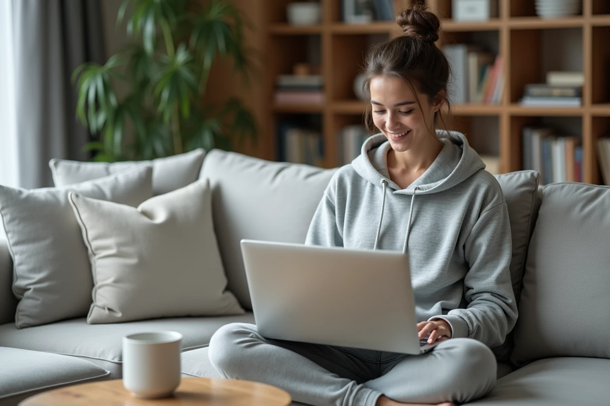 Jeune femme finalisant la précommande du magazine Garan Cedore en ligne sur son canapé