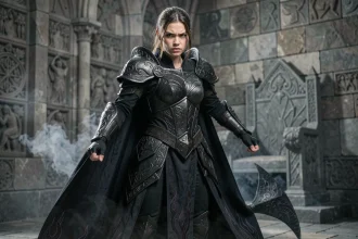 Jeune femme en costume de princesse fantastique dark fantasy avec armure noire et broderies de flammes dans un château médiéval